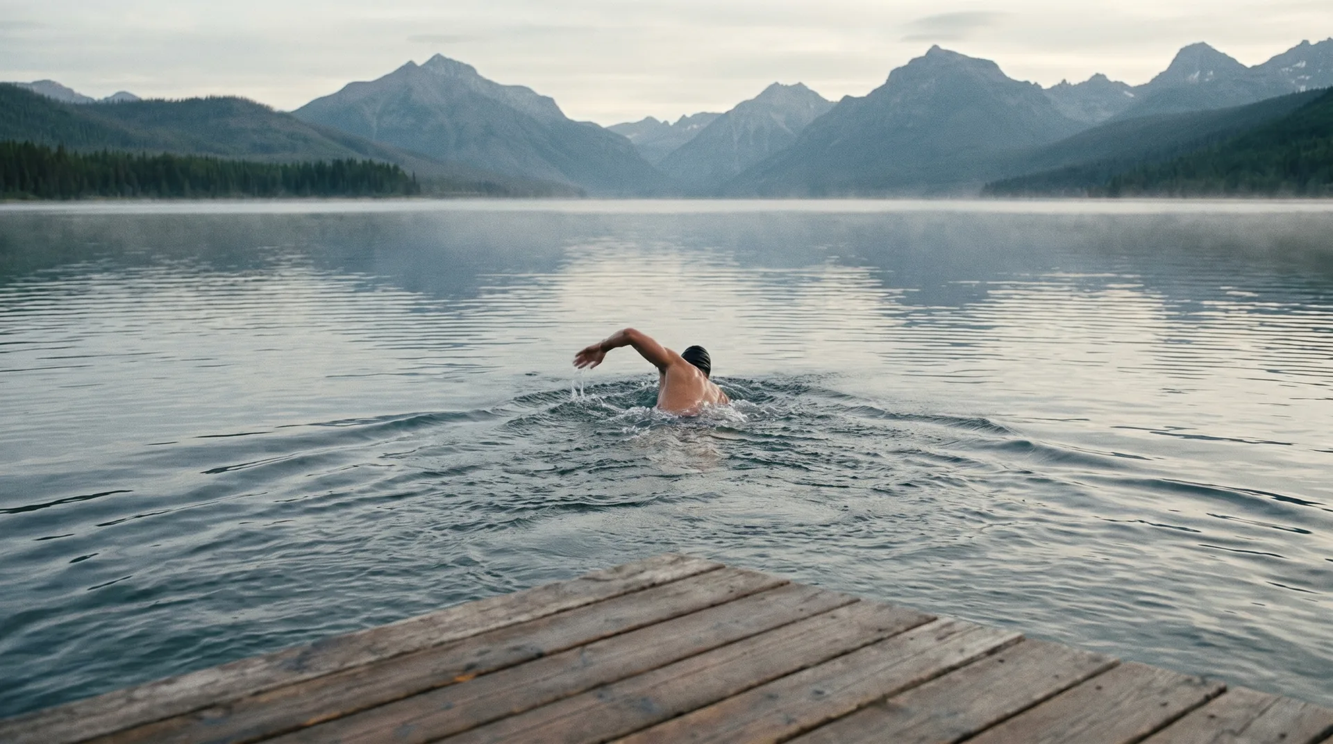 A lone swimmer crossing a still mountain lake from a wooden deck, peaks behind