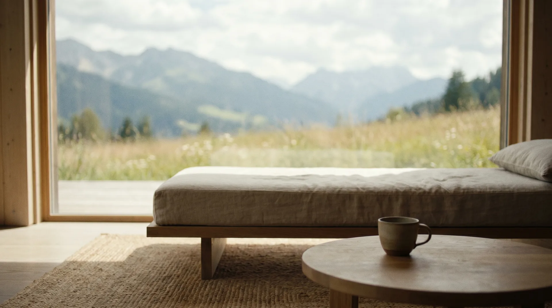 Minimal cabin interior with a linen daybed facing a floor-to-ceiling window onto alpine meadow