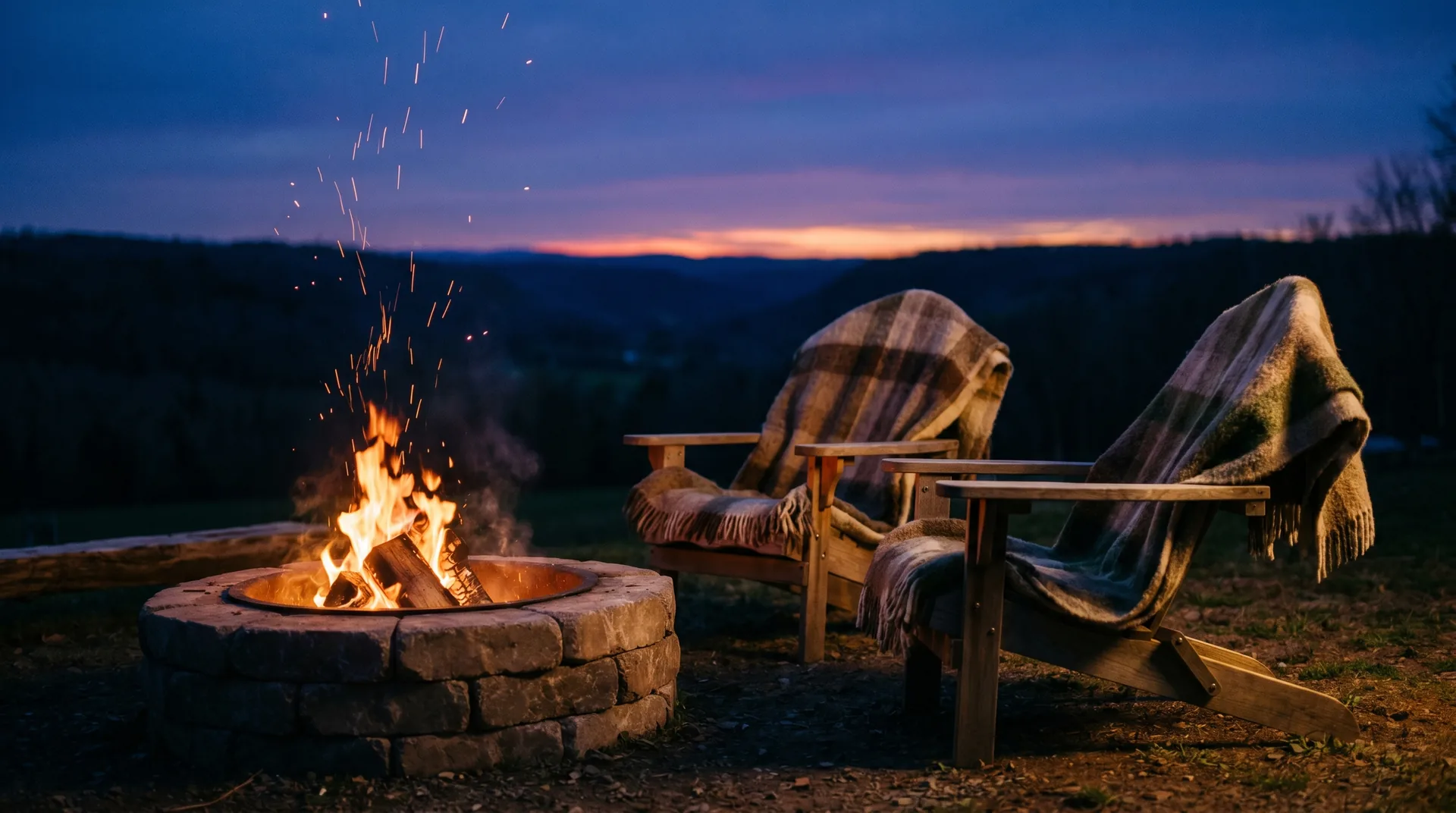 A stone fire pit sparking at blue hour beside two chairs draped in wool blankets