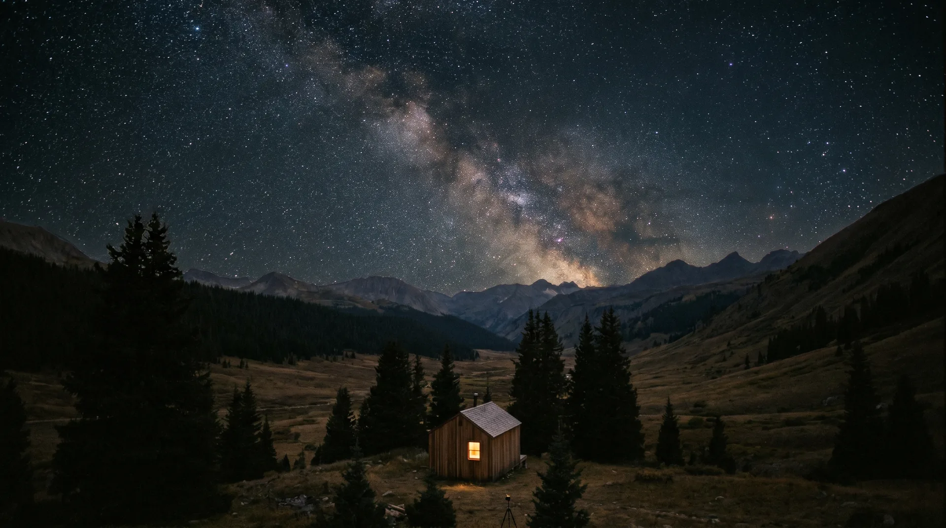 The Milky Way arching over a small cabin with one warm lit window in a dark valley