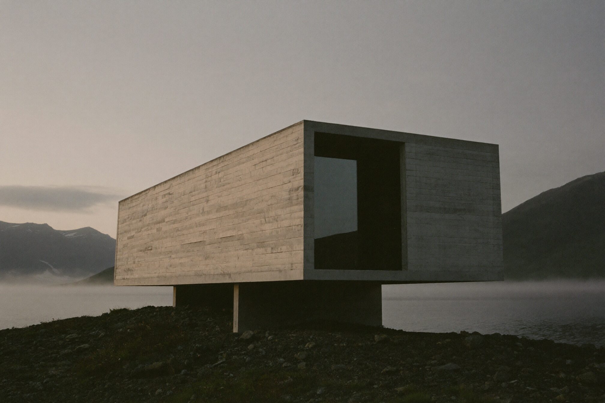 Low concrete house above a misty Norwegian fjord