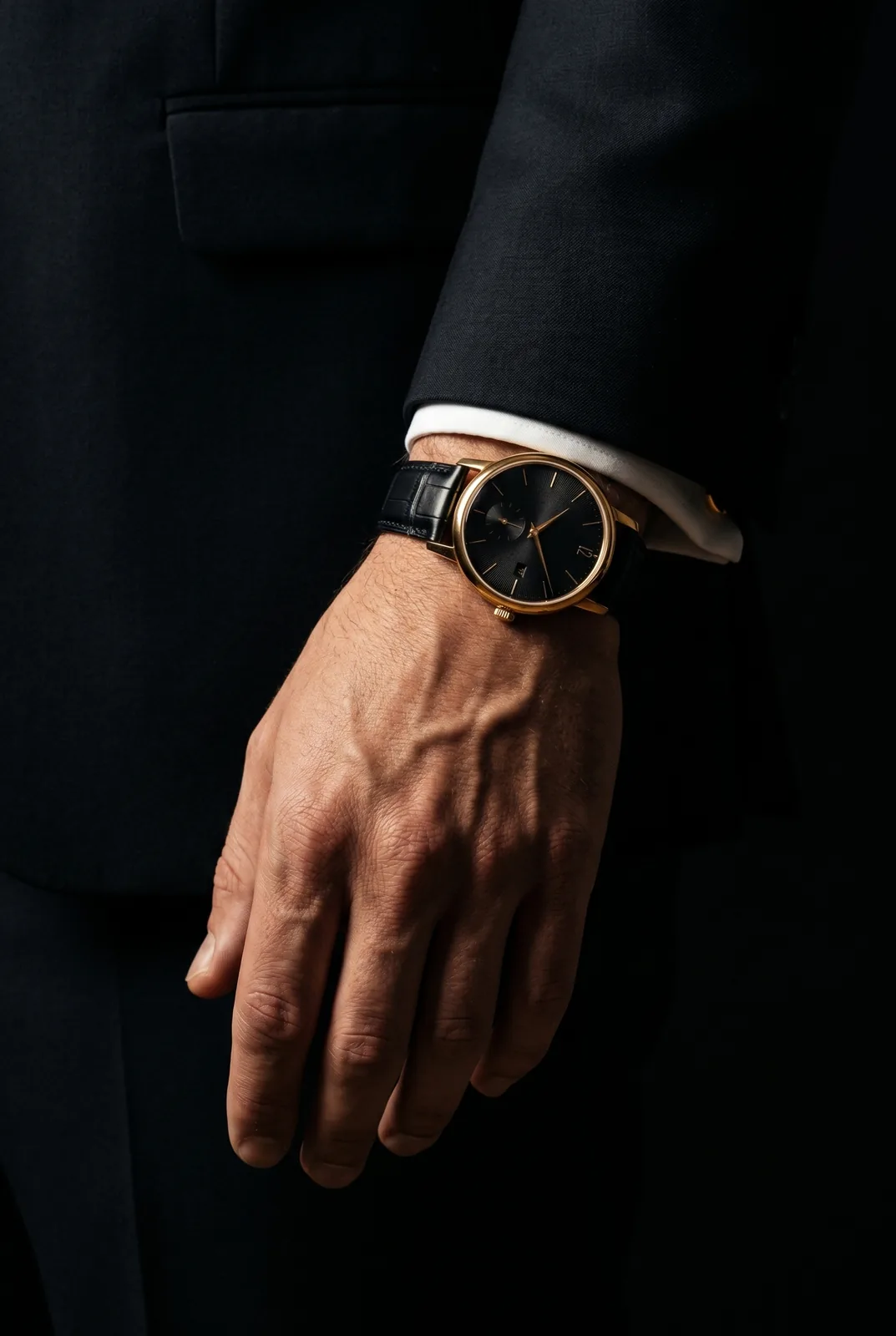 The Obsidienne worn on the wrist, under a black suit cuff