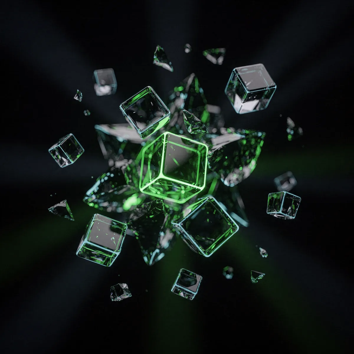 Abstract 3D render of glowing glass cubes