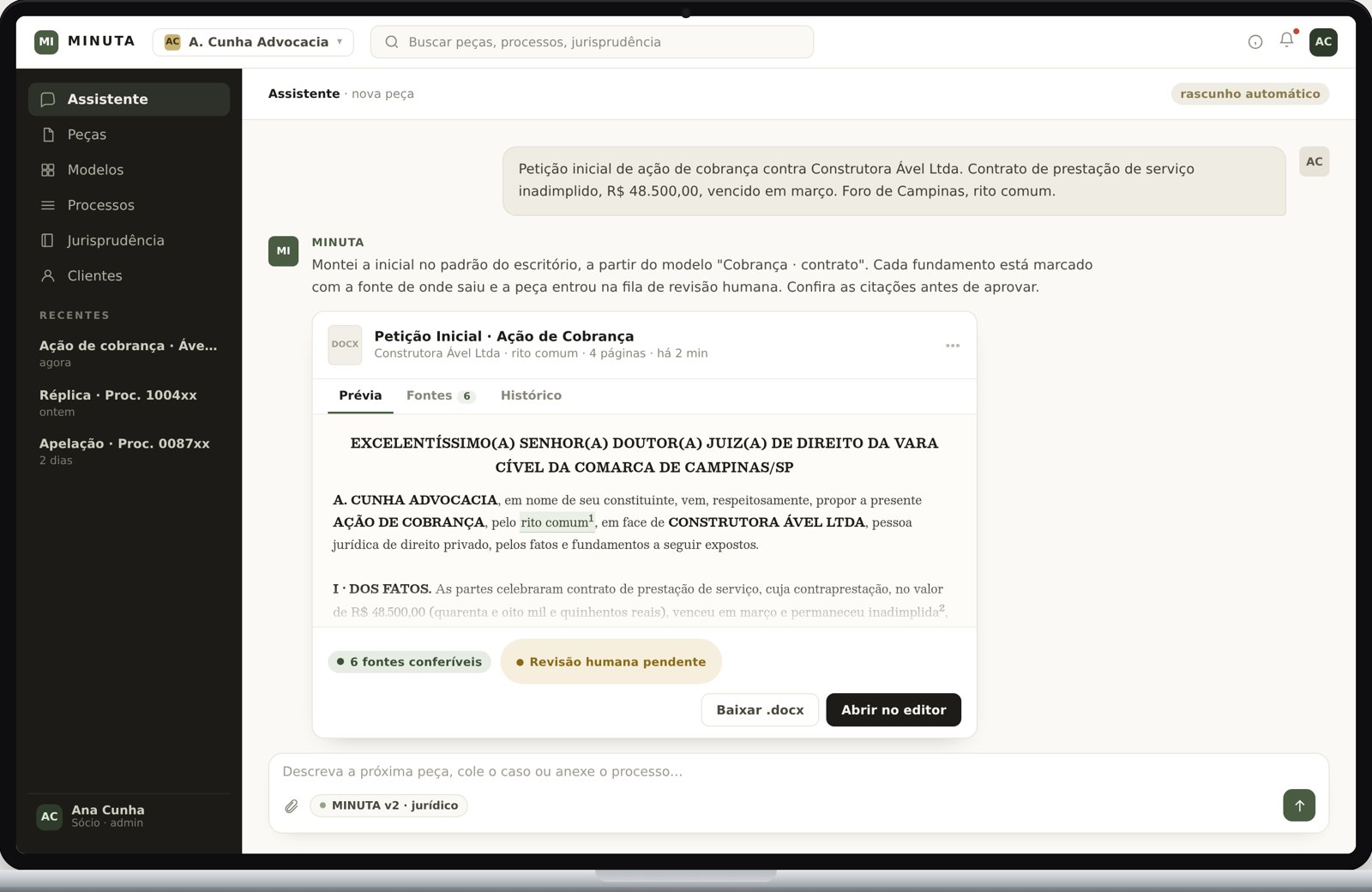 Assistente do MINUTA devolvendo uma petição inicial com fontes conferíveis