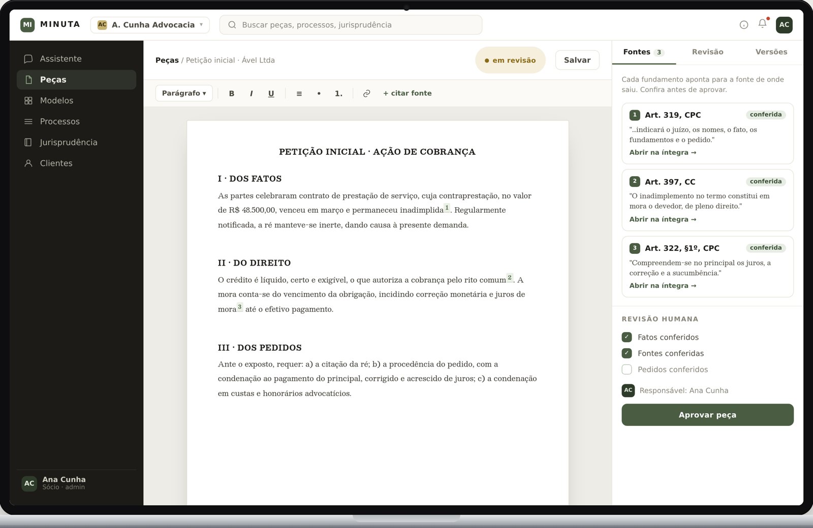 Editor do MINUTA com fontes conferíveis e checklist de revisão humana