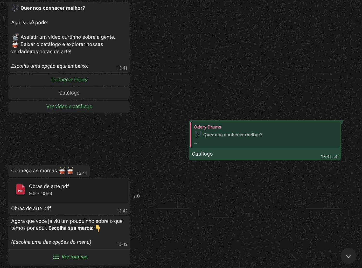 Tom on WhatsApp: options menu, PDF catalog delivery, and brand selection