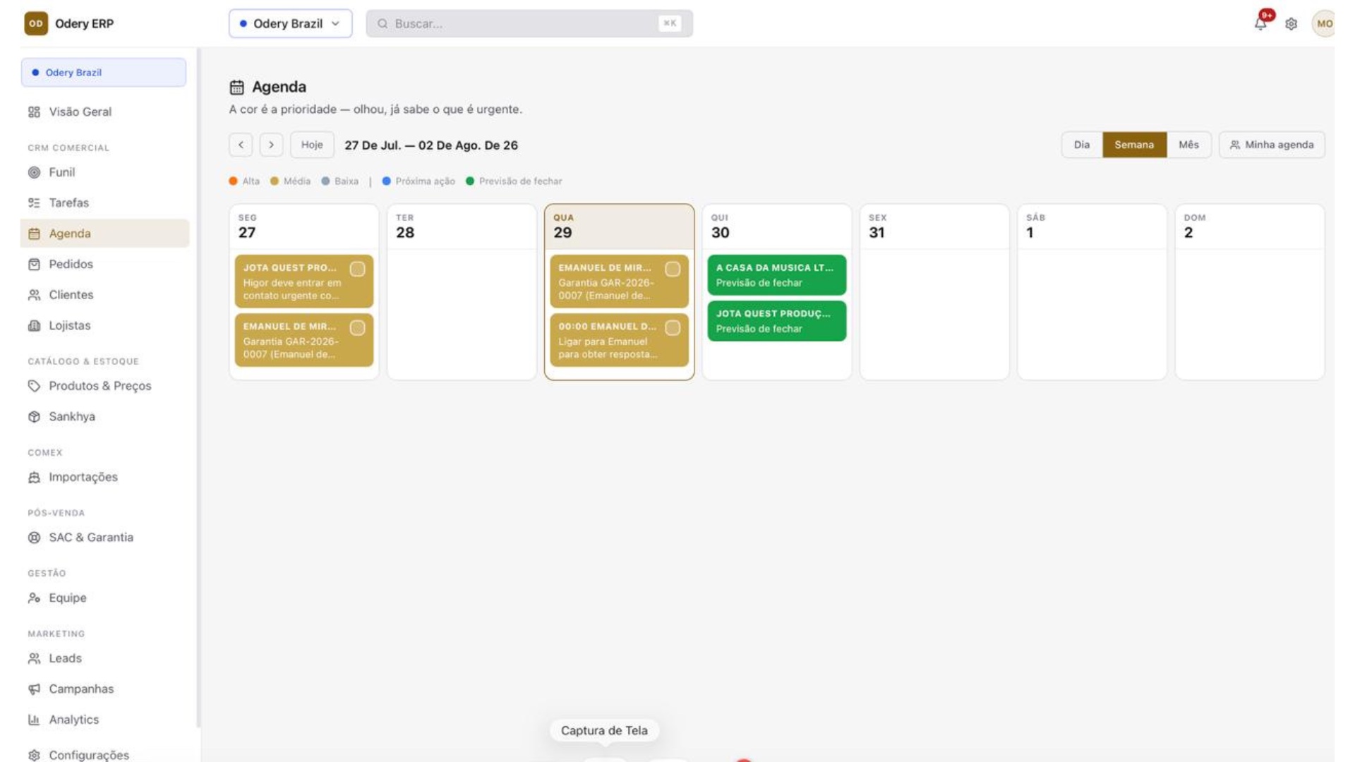 Odery ERP: agenda semanal por prioridade de contato