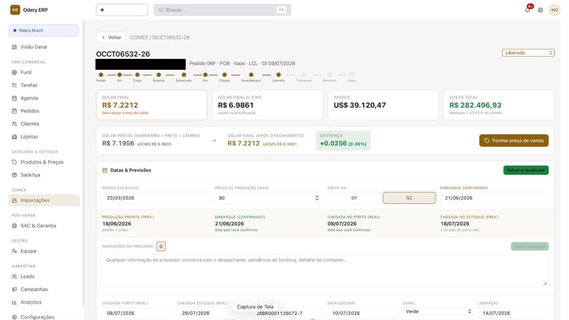 Odery ERP: controle de importação, câmbio e desembaraço