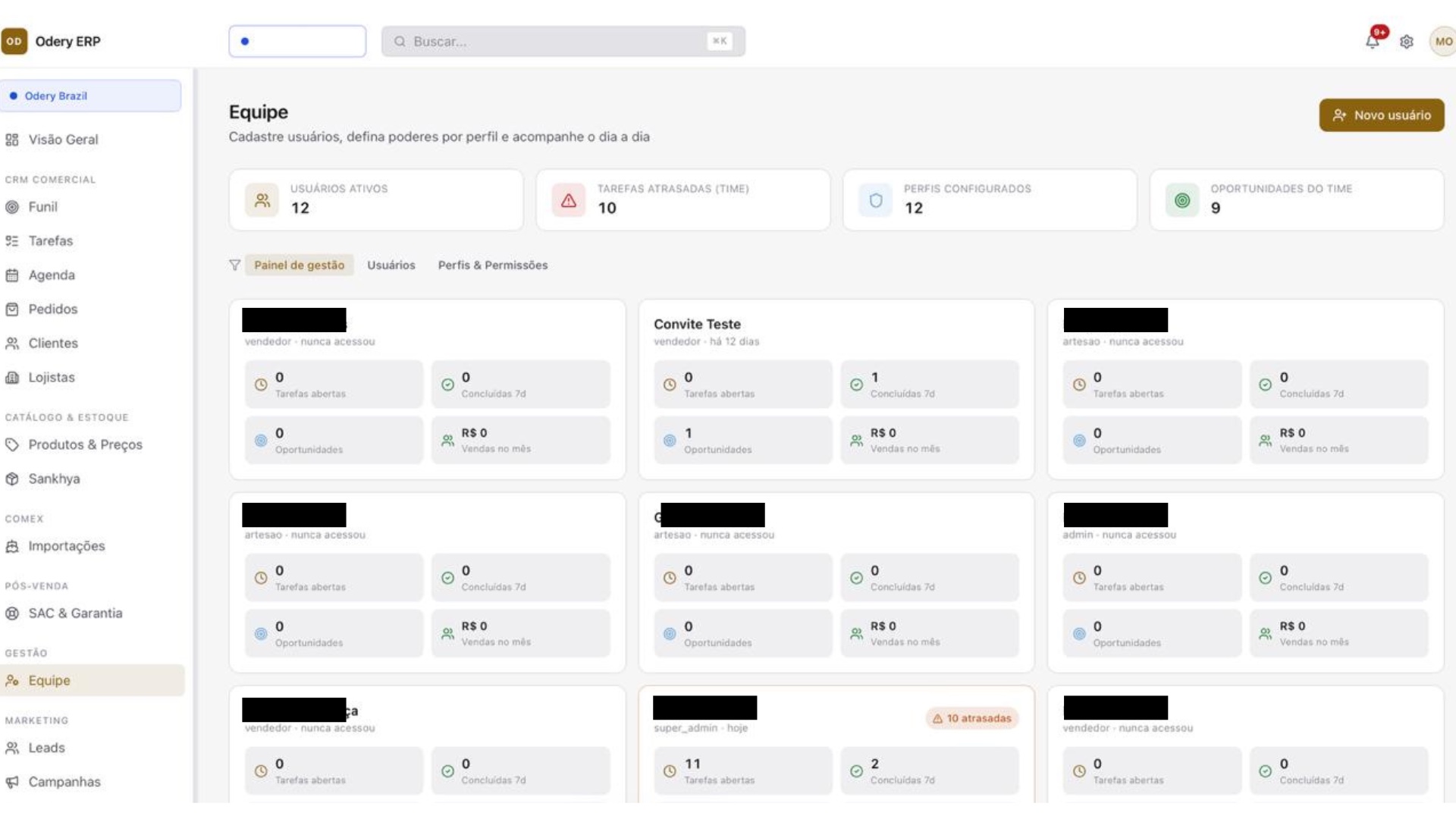Odery ERP: painel de gestão de equipe, perfis e permissões