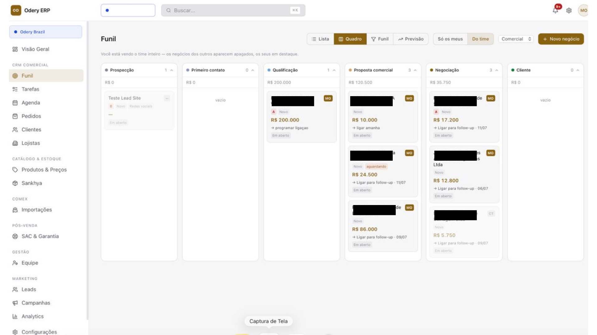 Odery ERP: funil comercial em quadro, por etapa e responsável