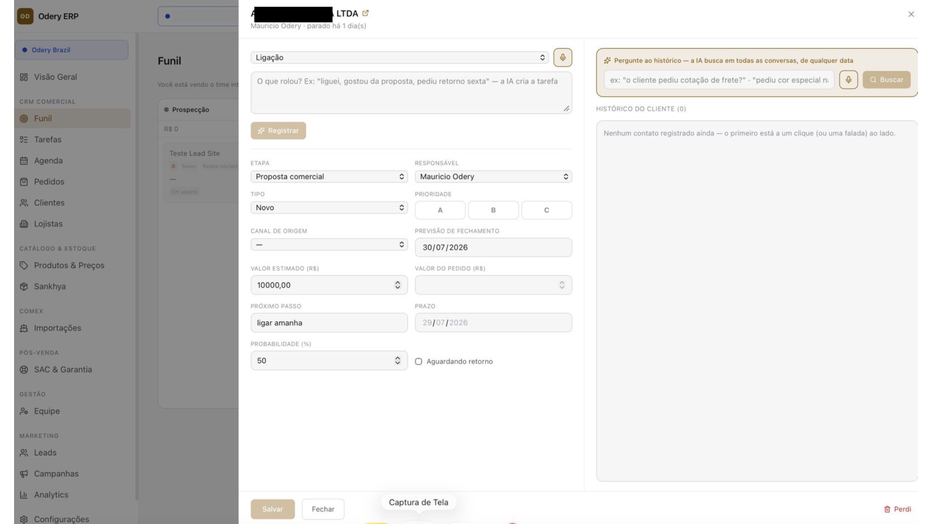 Odery ERP: registro de contato por voz e busca por IA no histórico do cliente